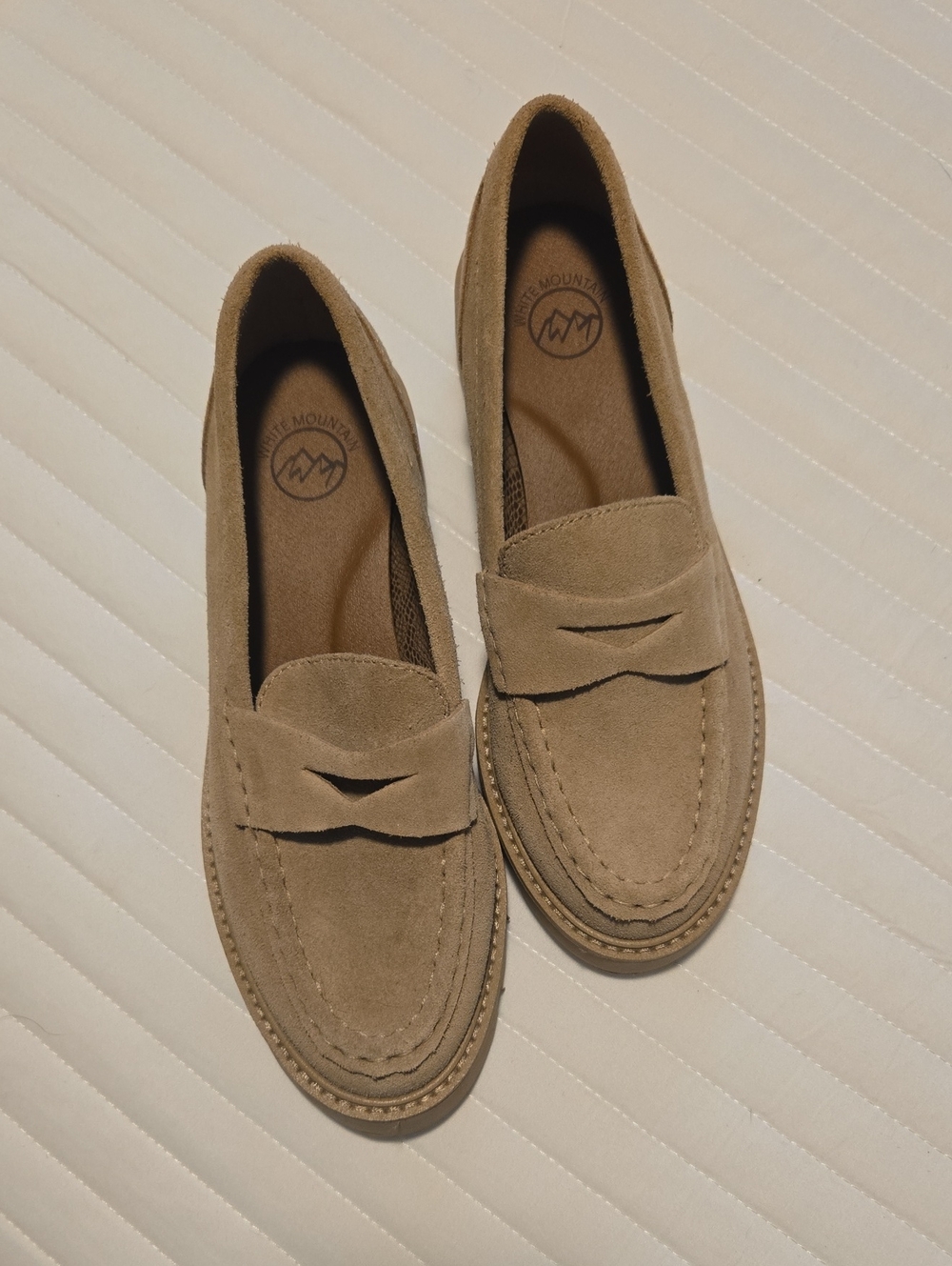 The Mountain Women's Suede Penny Loafers in Taupe